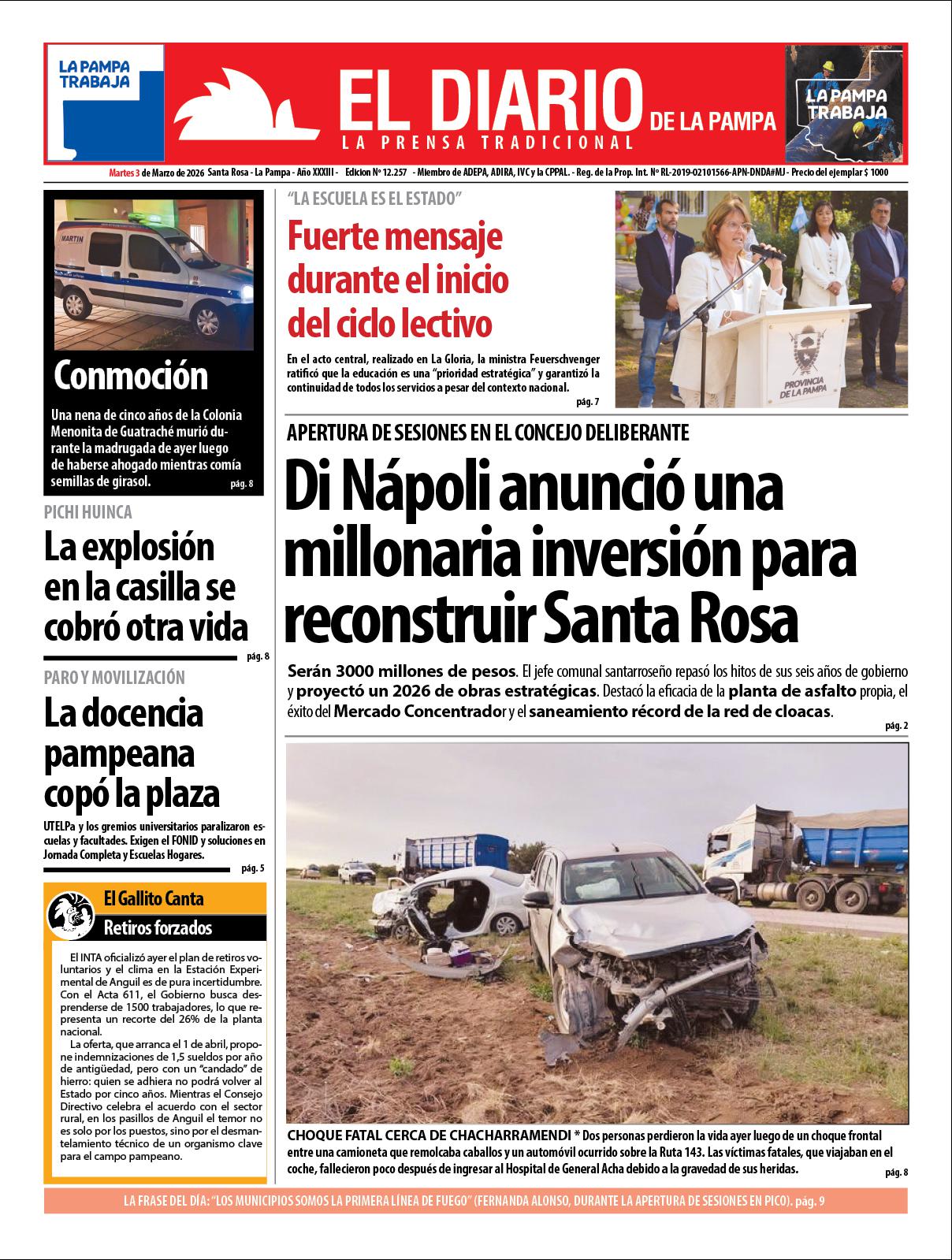 Tapa de El Diario en papel  martes 03 de marzo de 2026